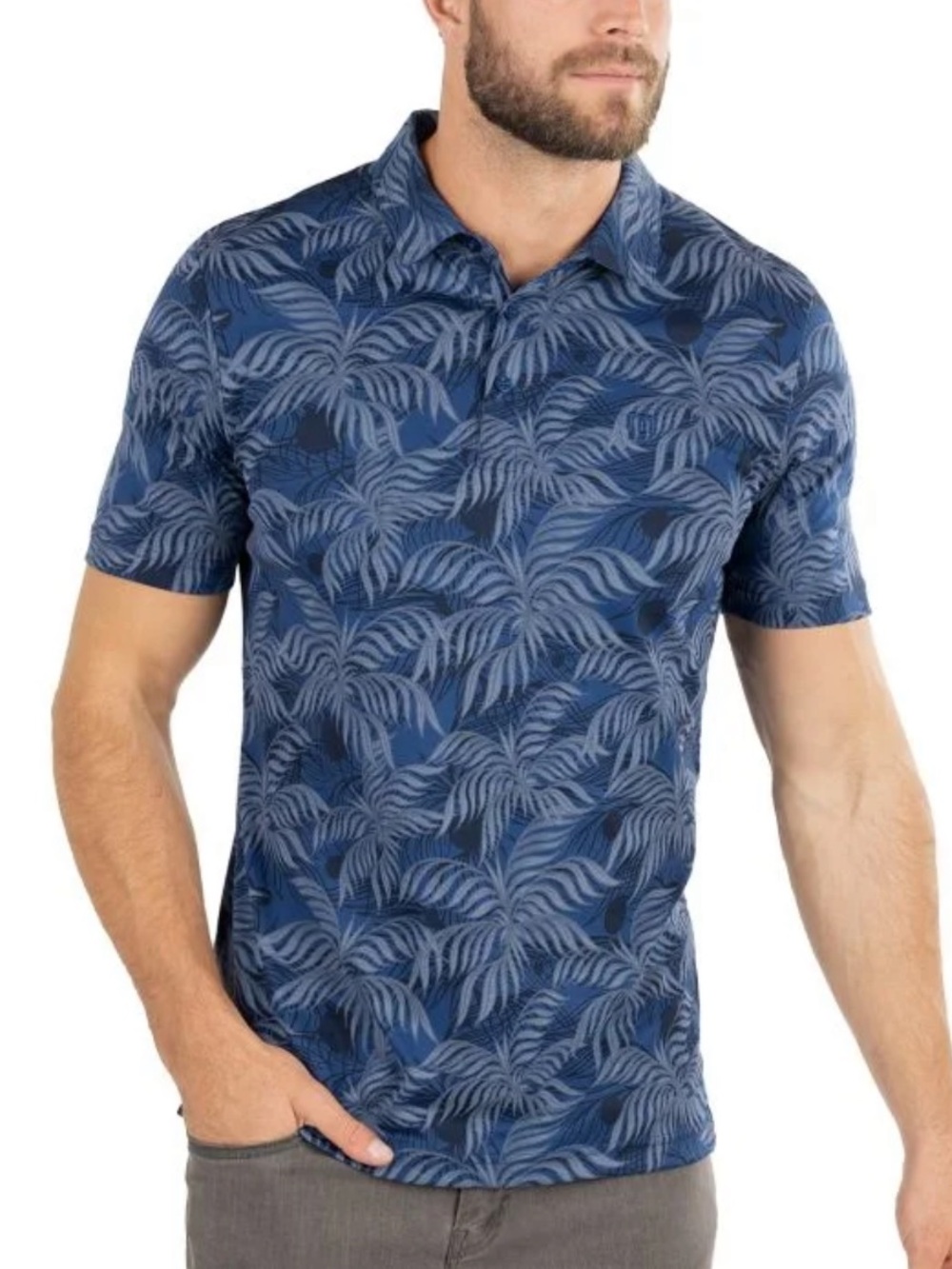 Travis Mathew Pima Cotton Mountain Down Golf Polo Blue Palm Leaf Print-XL